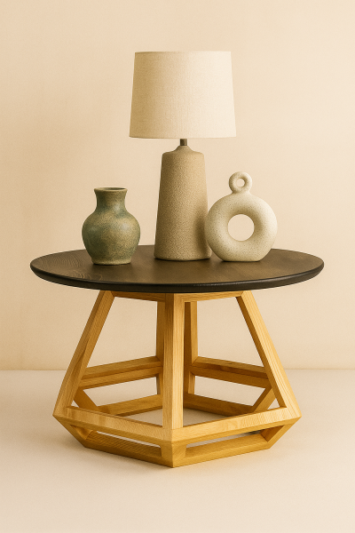 50 cm çapında yuvarlak üst tablalı, 35 cm yüksekliğinde, geometrik ayaklı masif ahşap sehpa