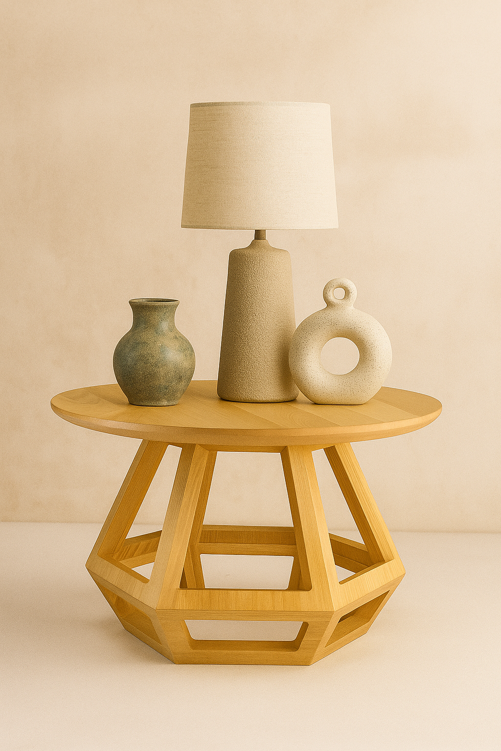 41 cm çapında yuvarlak üst tablalı, 35 cm yüksekliğinde, geometrik ayaklı masif ahşap yan sehpa