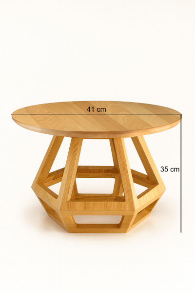 41 cm çapında yuvarlak üst tablalı, 35 cm yüksekliğinde, geometrik ayaklı masif ahşap yan sehpa