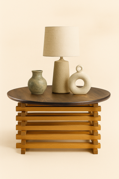 50 cm çapında yuvarlak üst tablalı, 30 cm yüksekliğinde, katmanlı masif ahşap gövdeli yan sehpa