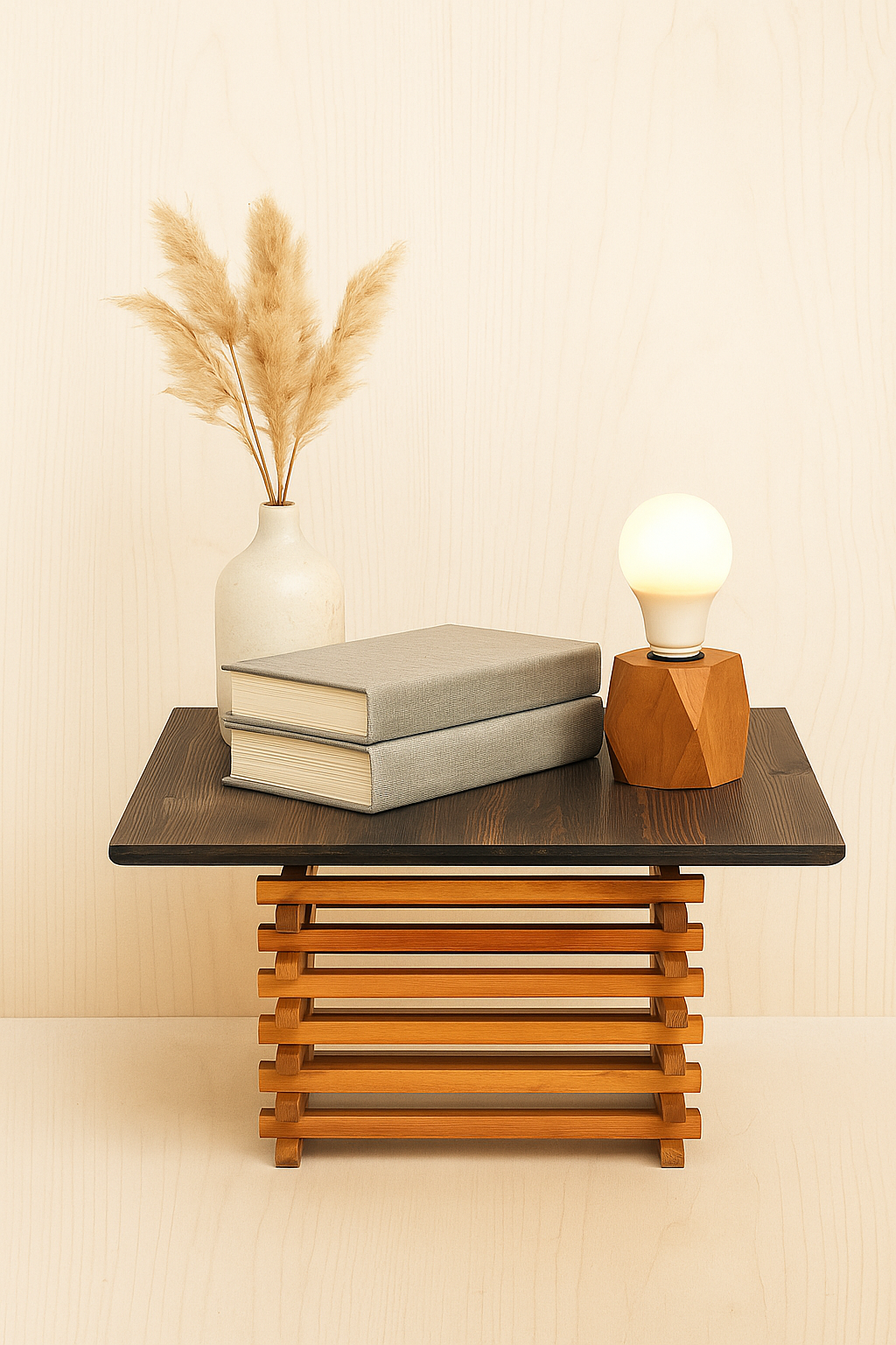 58 cm genişlik, 44 cm derinlik ve 30 cm yüksekliğe sahip, katmanlı masif ahşap gövdeli dikdörtgen yan sehpa