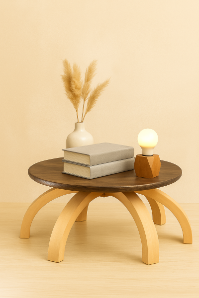 44 cm çapında yuvarlak üst tablalı, 26 cm yüksekliğinde, kavisli masif ahşap ayaklara sahip alçak sehpa