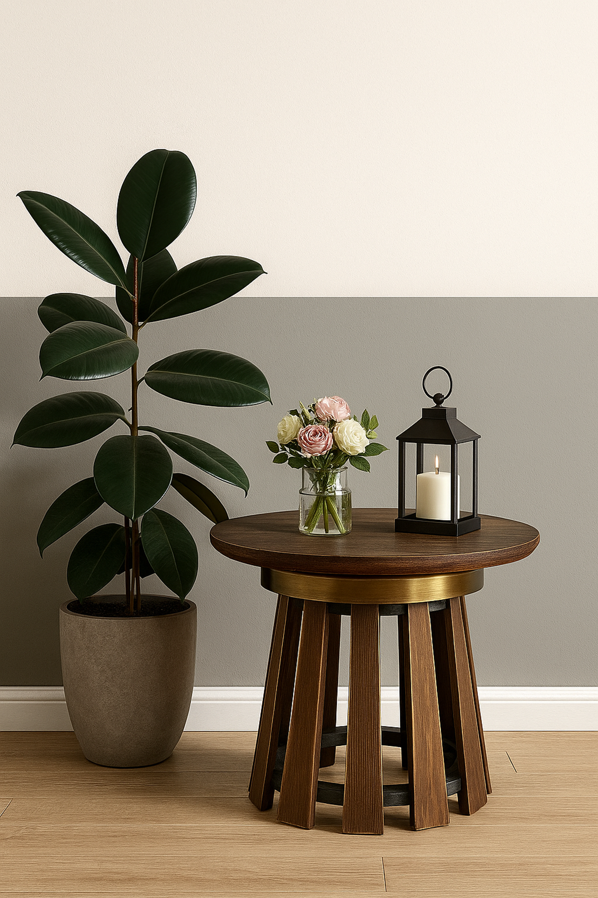 44 cm çapında yuvarlak üst tablalı, 35 cm yüksekliğinde, pirinç metal detaylı masif ahşap ayaklara sahip alçak sehpa