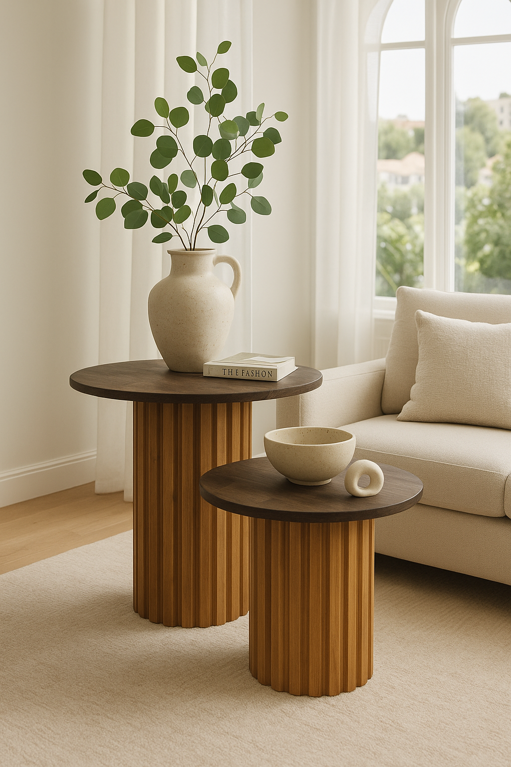 44 cm çapında yuvarlak tablalı, flüt detaylı masif ahşap ayaklara sahip, 32 cm ve 47 cm yükseklik seçeneklerinden oluşan sehpa se