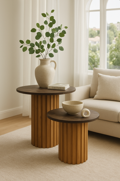 44 cm çapında yuvarlak tablalı, flüt detaylı masif ahşap ayaklara sahip, 32 cm ve 47 cm yükseklik seçeneklerinden oluşan sehpa se