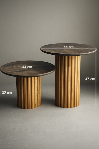44 cm çapında yuvarlak tablalı, flüt detaylı masif ahşap ayaklara sahip, 32 cm ve 47 cm yükseklik seçeneklerinden oluşan sehpa se
