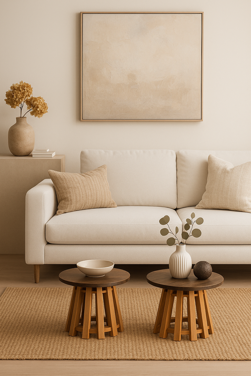 44 cm çapında yuvarlak tablalı, flüt detaylı masif ahşap ayaklara sahip, 34 cm ve 37 cm yükseklik seçeneklerinden oluşan sehpa seti