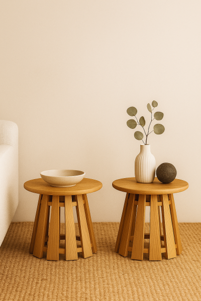 41 cm çapında yuvarlak tablalı, flüt detaylı masif ahşap ayaklara sahip, 34 cm ve 37 cm yükseklikli sehpa seti
