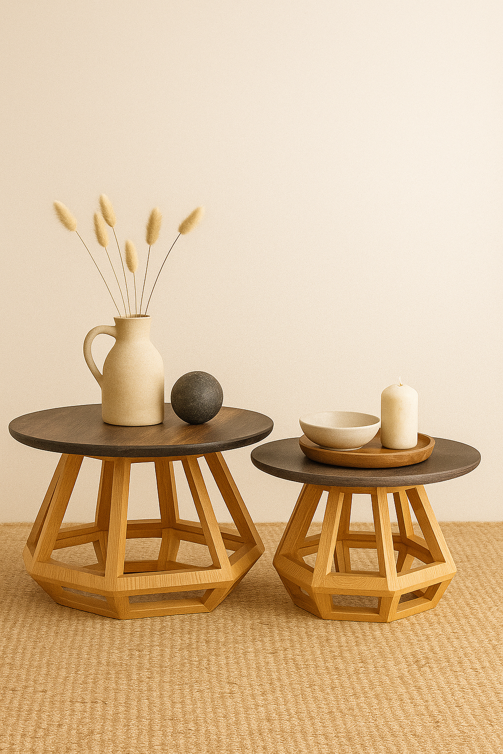 50 cm ve 44 cm çapında yuvarlak tablalı, geometrik masif ahşap ayaklı, 35 cm ve 30 cm yükseklikli sehpa seti