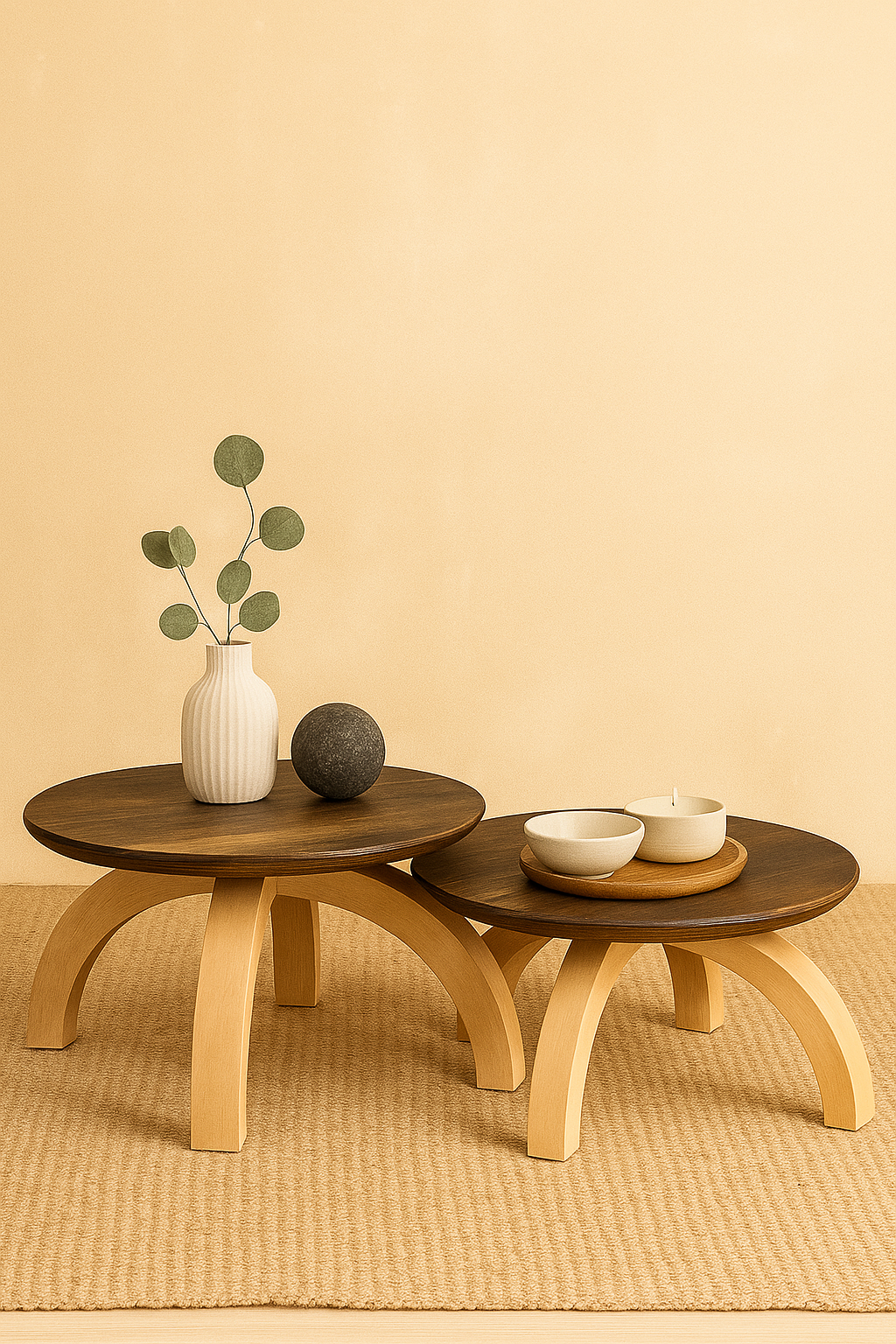 44 cm çapında yuvarlak tablalı, kavisli masif ahşap ayaklara sahip, 26 cm ve 24 cm yükseklikli sehpa seti