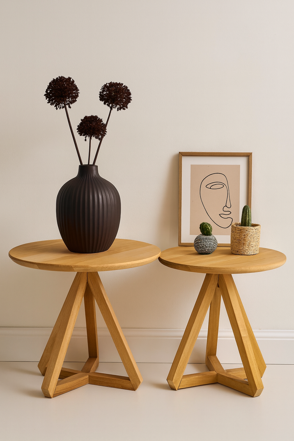 40 cm çapında yuvarlak tablalı, üçgen formda masif ahşap ayaklara sahip, 43 cm ve 40 cm yükseklikli sehpa seti