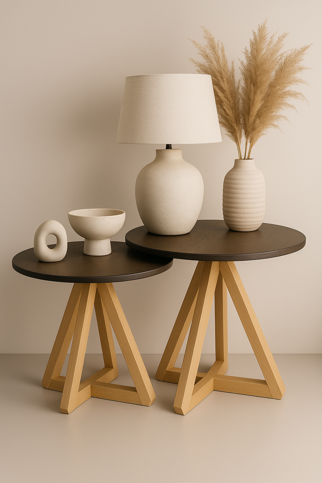 44 cm çapında yuvarlak tablalı, üçgen formda masif ahşap ayaklara sahip, 40 cm ve 42 cm yükseklikli sehpa seti