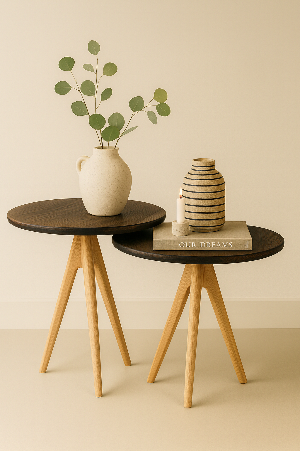 44 cm çapında yuvarlak tablalı, üç ayaklı masif ahşap gövdeli, 48 cm ve 45 cm yüksekliklere sahip modern sehpa seti