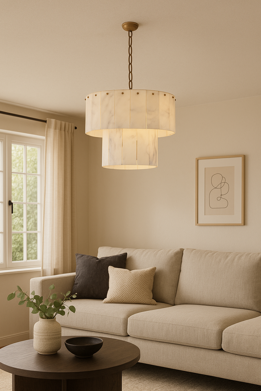 Besa Mermerli Modern Yatay Sarkıt Avize – Doğal Mermer Plakalı Lüks Yemek Masası Aydınlatma