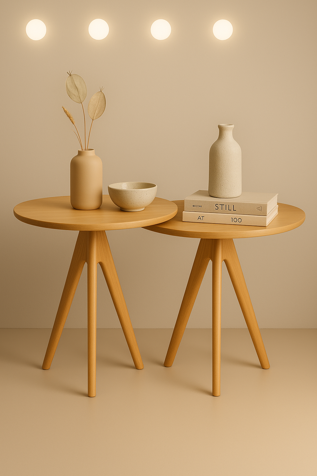 41 cm çapında yuvarlak tablalı, üç ayaklı masif ahşap gövdeli, 48 cm ve 45 cm yüksekliklere sahip modern sehpa seti