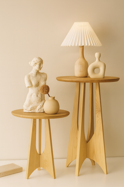 Masif Ahşap Yuvarlak Yan Sehpa Seti 41 cm – Doğal Ahşap (45/62 cm)