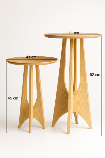 Masif Ahşap Yuvarlak Yan Sehpa Seti 41 cm | Doğal Ahşap Modern Tasarım 45 cm & 62 cm