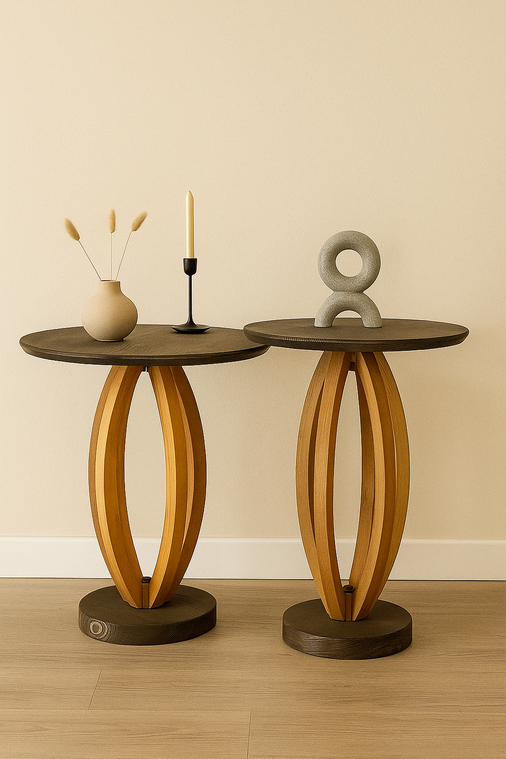 Masif Ahşap Yuvarlak Yan Sehpa 44 cm | Modern Orta Ayaklı Doğal Ahşap Sehpa 50 cm