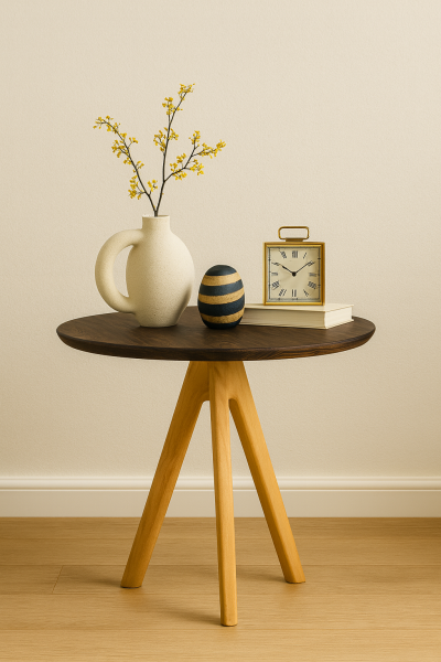 Masif Ahşap Yuvarlak Yan Sehpa 44 cm | Modern Üç Ayaklı Doğal Ahşap Sehpa 48 cm