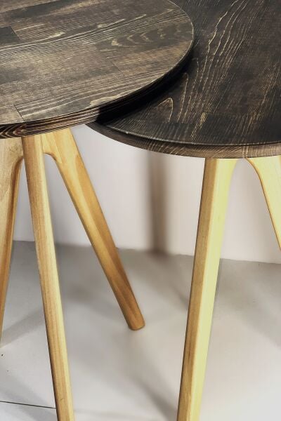 Masif Ahşap Yuvarlak Yan Sehpa 44 cm | Modern Üç Ayaklı Doğal Ahşap Sehpa 48 cm