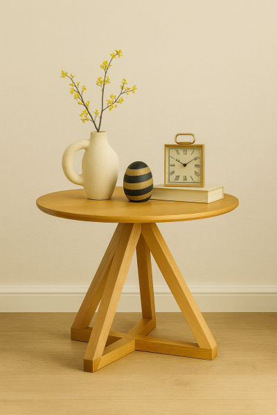 Masif Ahşap Yuvarlak Yan Sehpa 41x41 cm | Modern Üç Ayaklı Doğal Ahşap Sehpa
