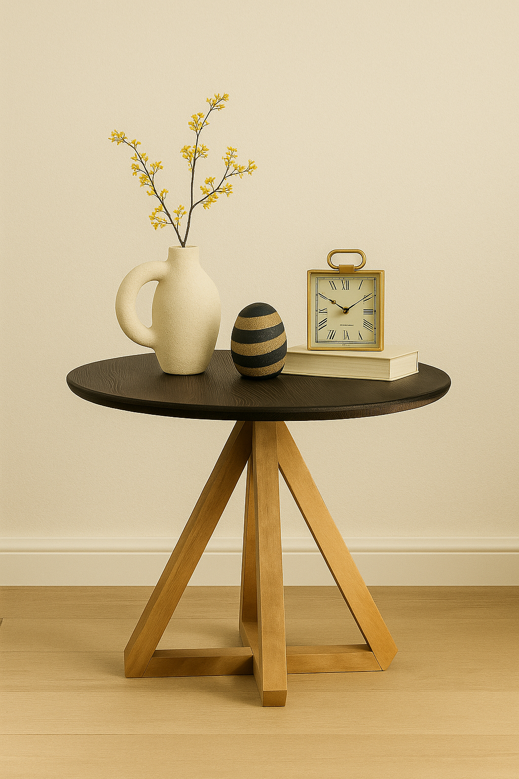 Masif Ahşap Yuvarlak Yan Sehpa 44x41 cm | Üç Ayaklı Modern Doğal Ahşap Sehpa