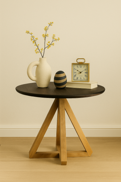 Masif Ahşap Yuvarlak Yan Sehpa 44x41 cm | Üç Ayaklı Modern Doğal Ahşap Sehpa