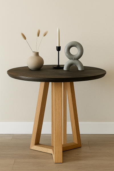 Masif Ahşap Yuvarlak Yan Sehpa 44x40 cm | Modern Üç Ayaklı Doğal Ahşap Sehpa