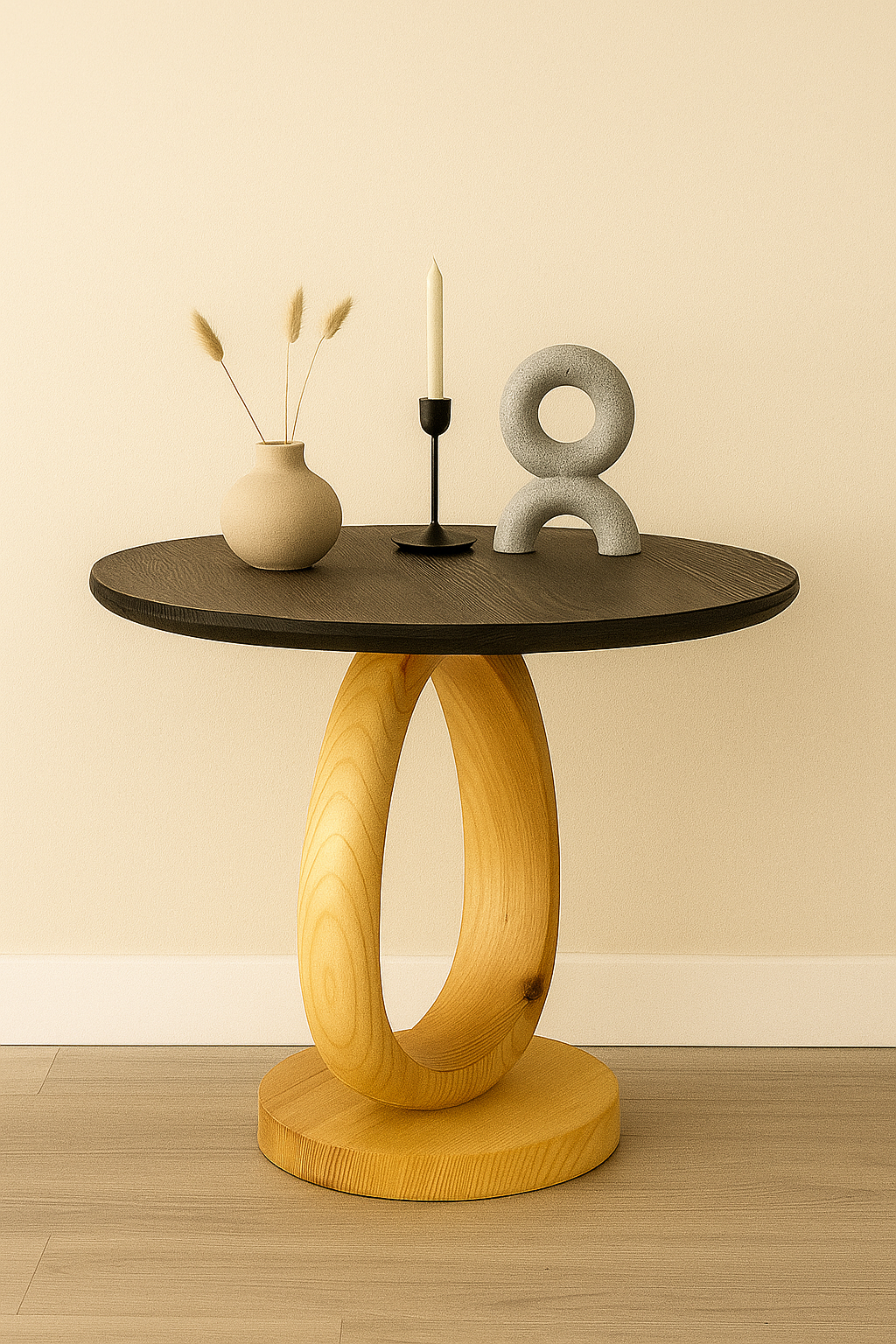 Masif Ahşap Yuvarlak Yan Sehpa 44x40 cm | Modern Oval Ayaklı Doğal Ahşap Sehpa