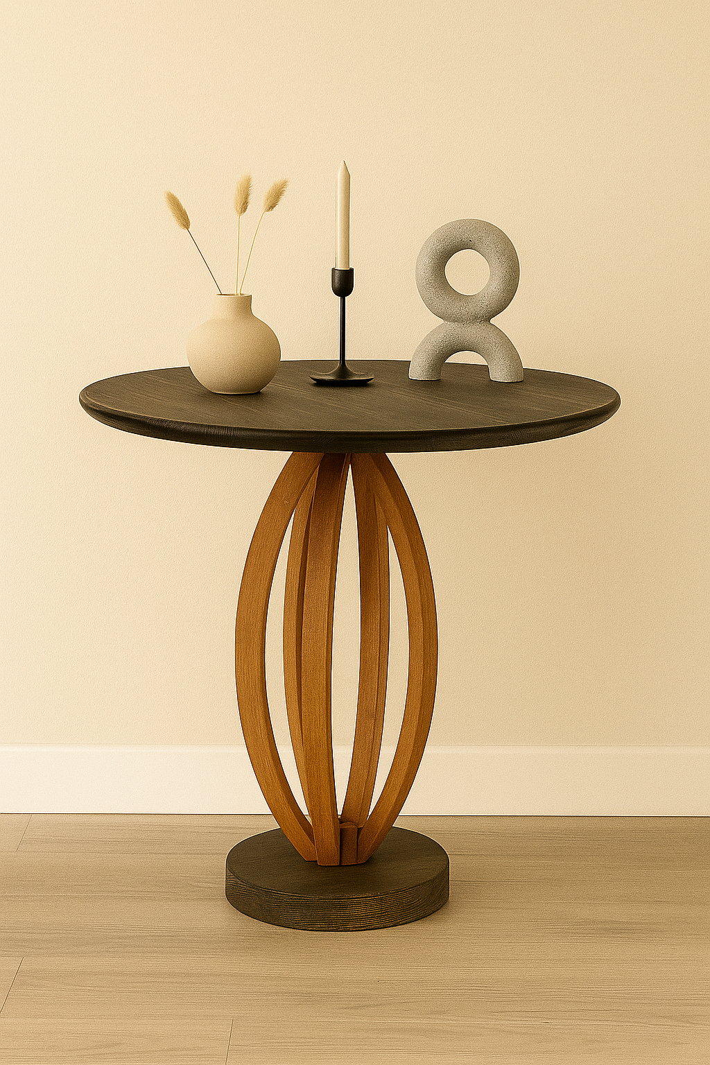 Masif Ahşap Yuvarlak Yan Sehpa 44x50 cm | Modern Oval Ayaklı Doğal Ahşap Sehpa