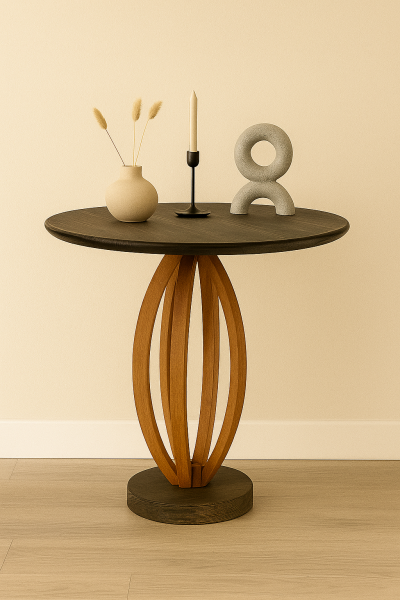 Masif Ahşap Yuvarlak Yan Sehpa 44x50 cm | Modern Oval Ayaklı Doğal Ahşap Sehpa