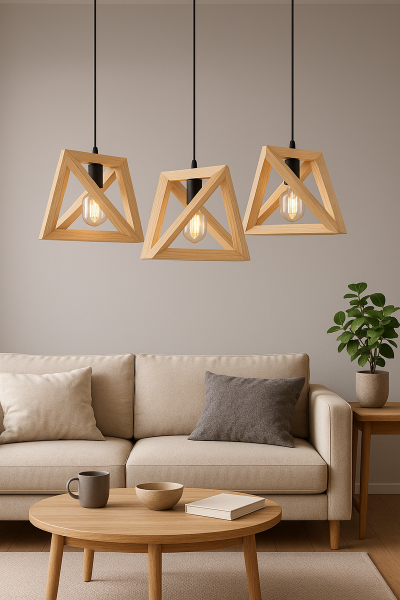 Masif Ahşap Üçgen Sarkıt Avize 32x32 cm | Modern Doğal Ahşap Tekli Avize