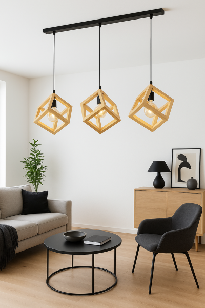 3’lü Ahşap Küp Sarkıt Avize 18x18 cm | Modern Masif Ahşap Yemek Masası Avizesi