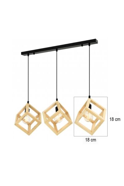 3’lü Ahşap Küp Sarkıt Avize 18x18 cm | Modern Masif Ahşap Yemek Masası Avizesi