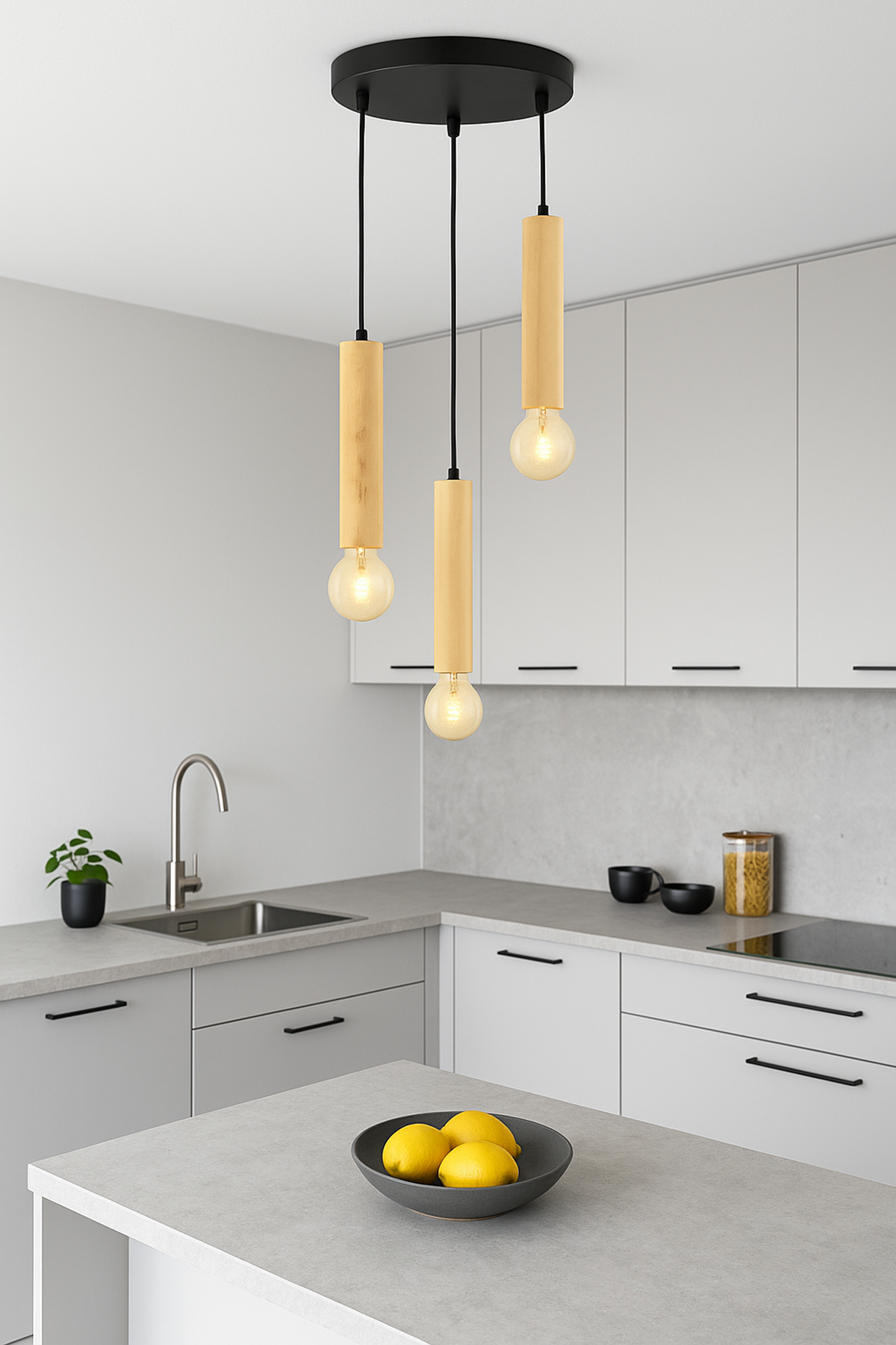 3’lü Silindir Ahşap Sarkıt Avize | Modern Masif Ahşap E27 Yemek Masası Avizesi