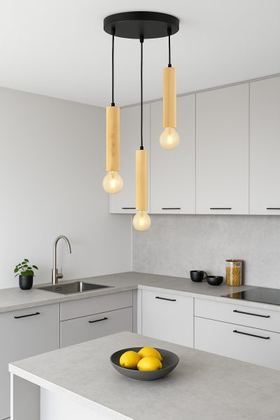 3’lü Silindir Ahşap Sarkıt Avize | Modern Masif Ahşap E27 Yemek Masası Avizesi