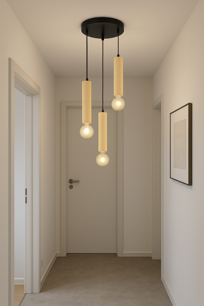 3’lü Silindir Ahşap Sarkıt Avize | Modern Masif Ahşap E27 Yemek Masası Avizesi