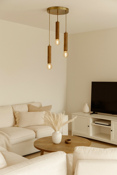 3’lü Silindir Ahşap Sarkıt Avize | Eskitme Masif Ahşap & Gold Detaylı Modern Avize