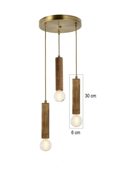 3’lü Silindir Ahşap Sarkıt Avize | Eskitme Masif Ahşap & Gold Detaylı Modern Avize