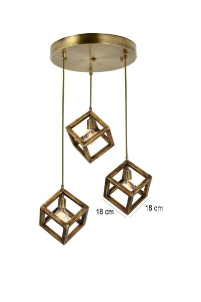 3’lü Küp Ahşap Sarkıt Avize | Eskitme Masif Ahşap & Gold Metal Detaylı Modern Avize