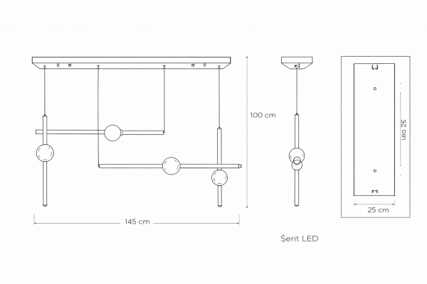 Besa Toplu Dikdörtgen Modern Sarkıt Avize – Yemek Masası ve Mutfak Adası İçin Lineer Küre Aydınlatma