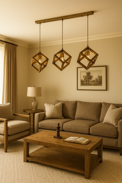 3’lü Lineer Küp Ahşap Sarkıt Avize | Masif Ahşap & Eskitme Gold Metal Yemek Masası Avizesi