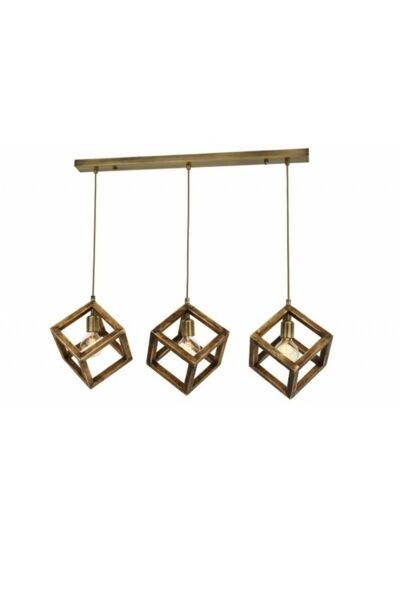 3’lü Lineer Küp Ahşap Sarkıt Avize | Masif Ahşap & Eskitme Gold Metal Yemek Masası Avizesi