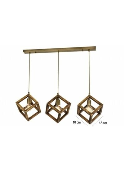 3’lü Lineer Küp Ahşap Sarkıt Avize | Masif Ahşap & Eskitme Gold Metal Yemek Masası Avizesi