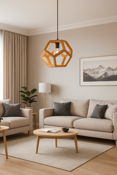 Geometrik Çokgen Ahşap Sarkıt Avize | Masif Ahşap Tekli Avize 30×30 cm – E27