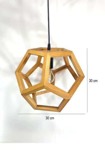 Geometrik Çokgen Ahşap Sarkıt Avize | Masif Ahşap Tekli Avize 30×30 cm – E27