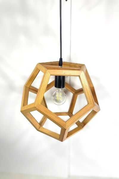 Geometrik Çokgen Ahşap Sarkıt Avize | Masif Ahşap Tekli Avize 30×30 cm – E27