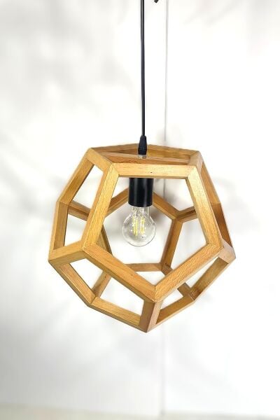 Masif Ahşap Geometrik Çokgen Tekli Sarkıt Avize (30x30 cm)