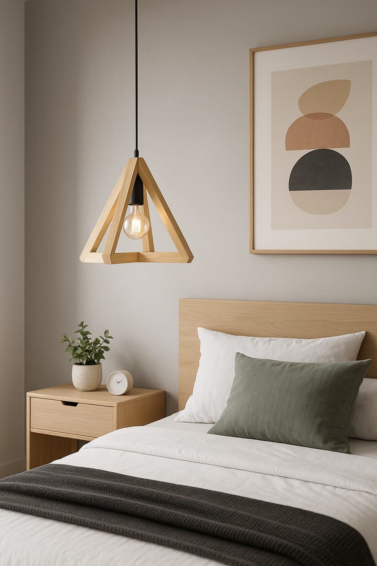 Üçgen Ahşap Sarkıt Avize | Doğal Masif Ahşap Tekli Avize 37×37 cm – E27