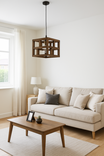 Küp Ahşap Sarkıt Avize | Masif Ahşap Geometrik Tekli Avize 23×20 cm – E27